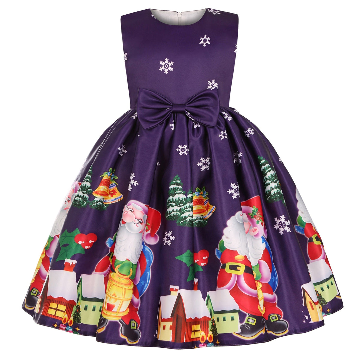 Girls' sleeveless Christmas dress with a bow and a festive print - purple christmas village