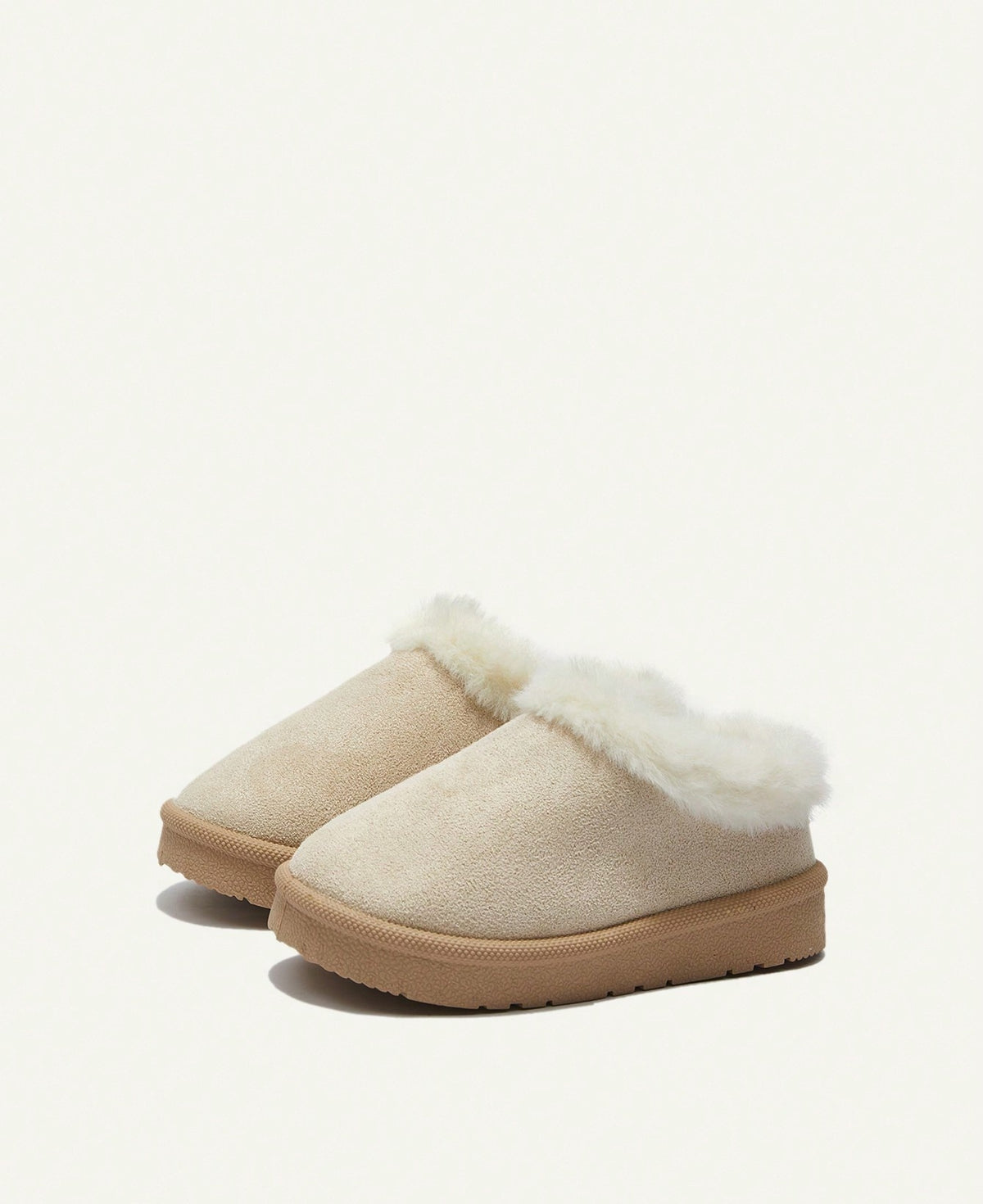 Slippers for girls with a thick plush collar, plush lining and a firm sole with tread - beige