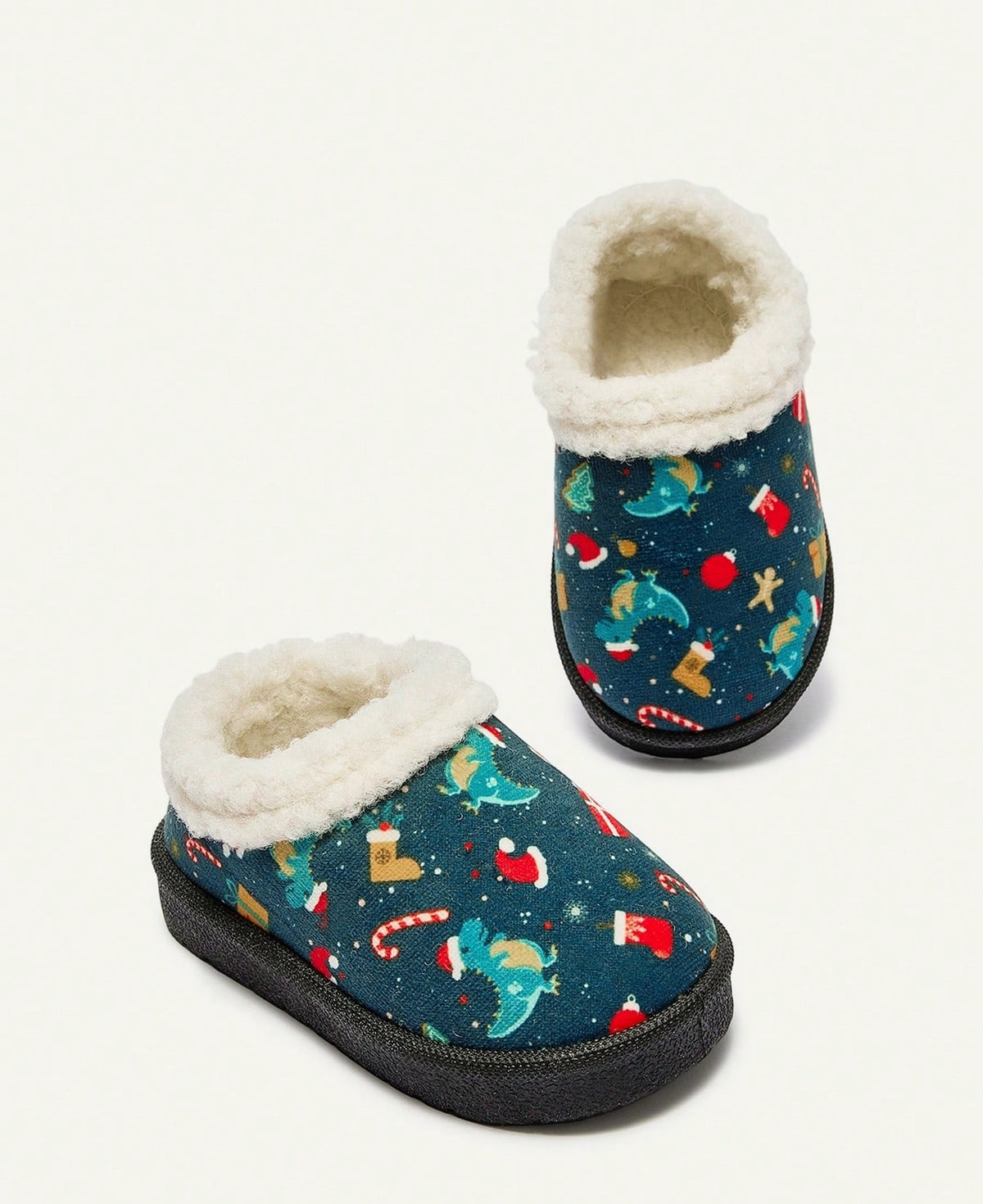 Slippers for girls with a thick plush collar, plush lining and a firm sole with tread - christmas print
