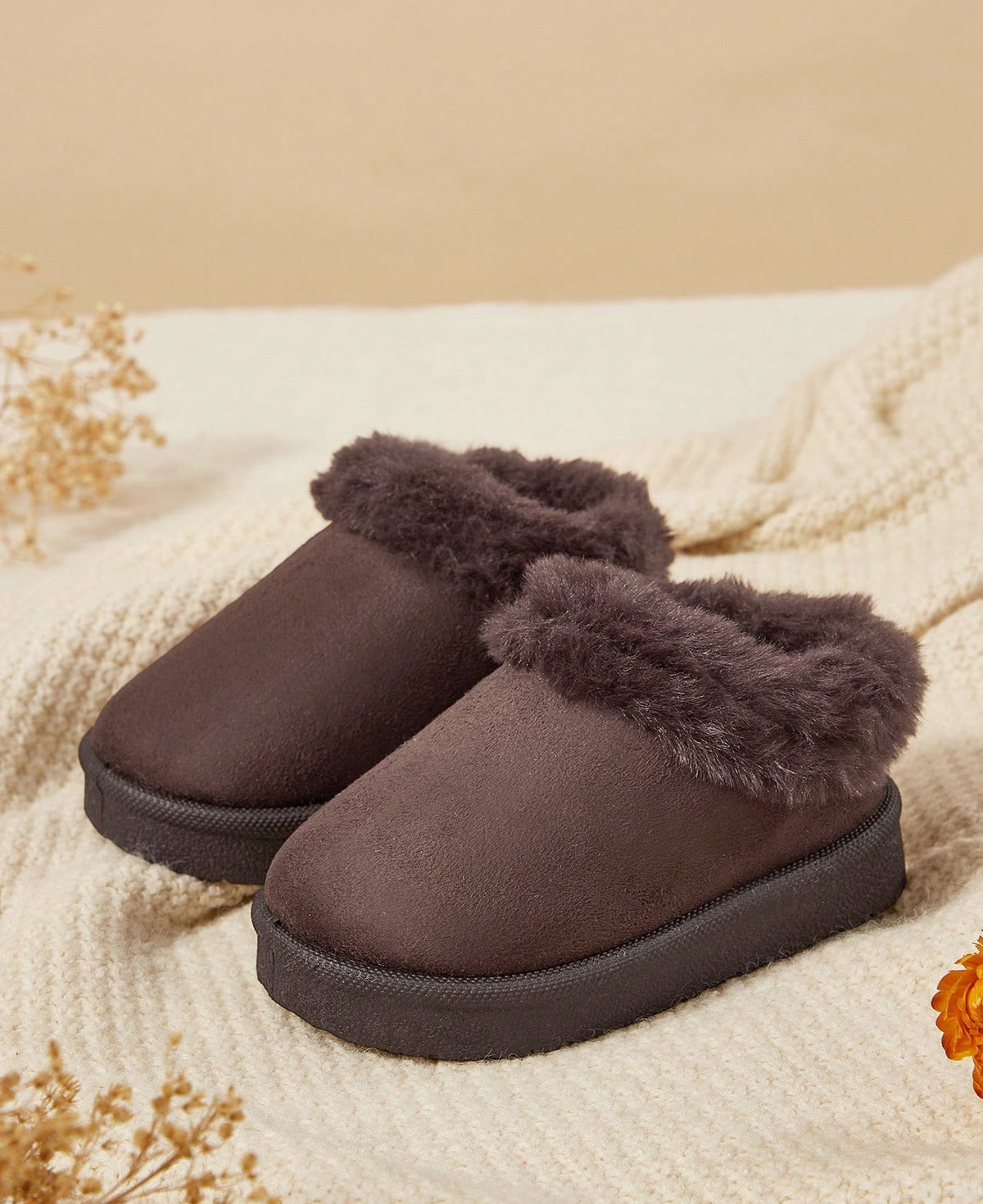 Slippers for girls with a thick plush collar, plush lining and a firm sole with tread - dark brown
