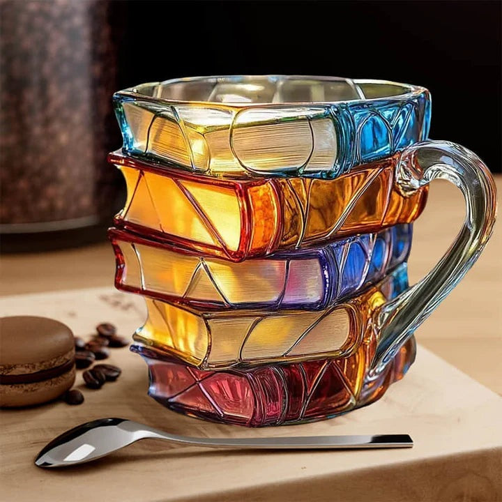 Glass book stack mug with a design of stacked books in red, orange, blue, purple and gold