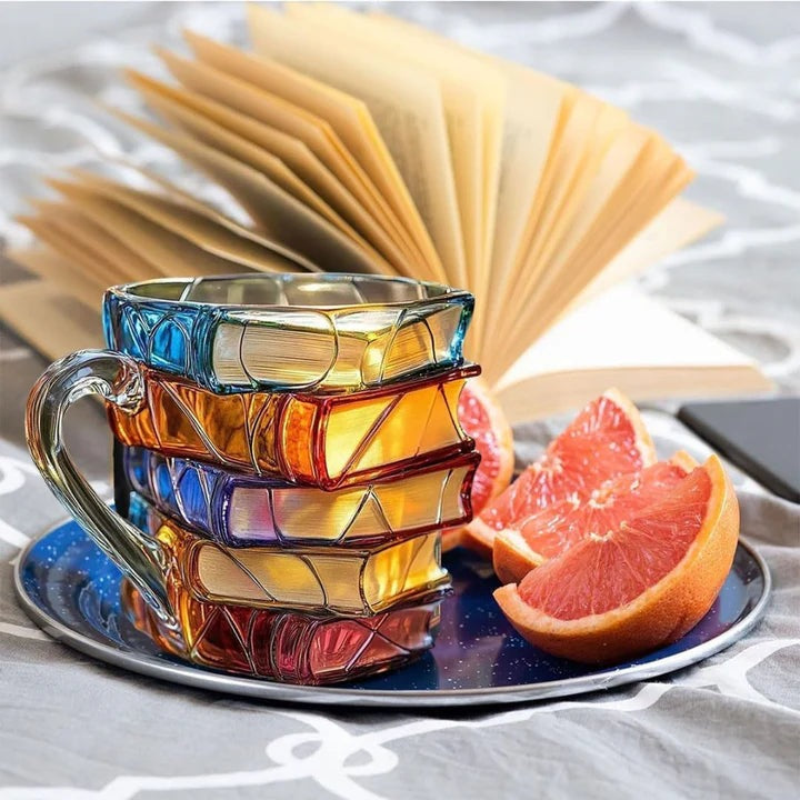 Glass book stack mug with a design of stacked books in red, orange, blue, purple and gold