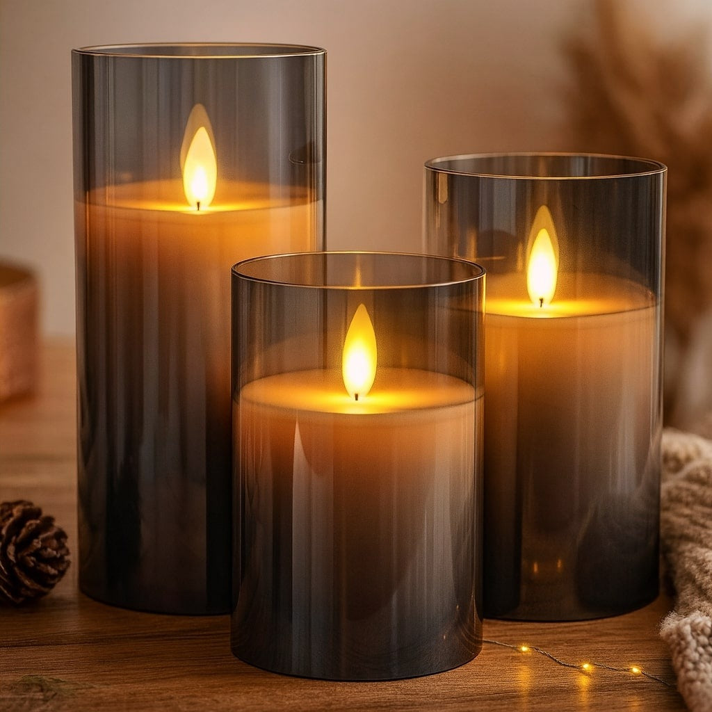 Three LED candles in glass cylinders with a remote and timer - view 2