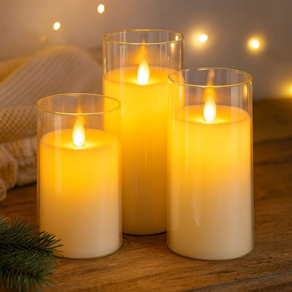 Three LED candles in glass cylinders with a remote and timer - clear glass