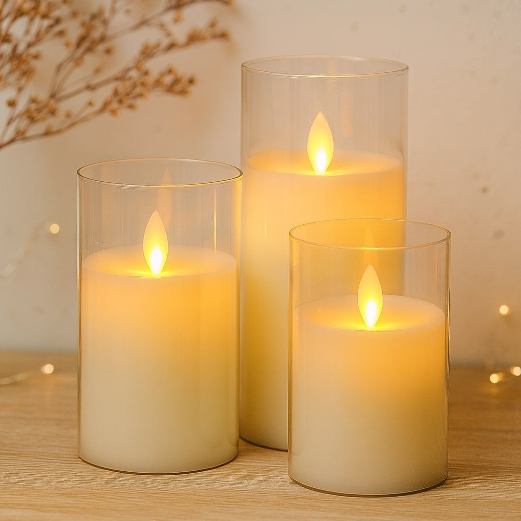 Three LED candles in glass cylinders with a remote and timer - view 4