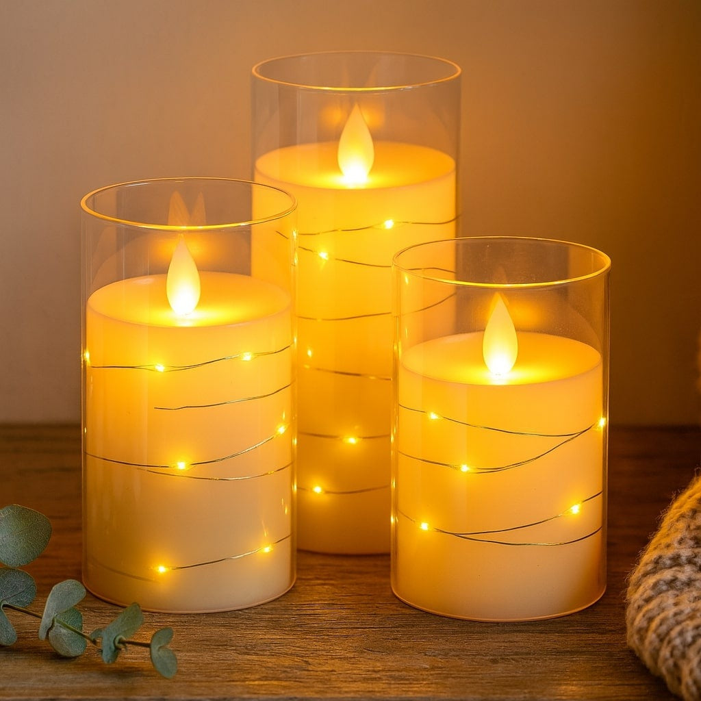 Three LED candles in glass cylinders with a remote and timer - with fairy lights