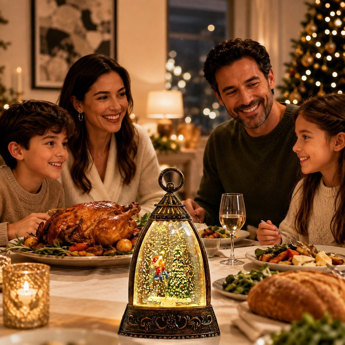 Light-up glitter lantern in a bell shape with a Christmas scene - view 2