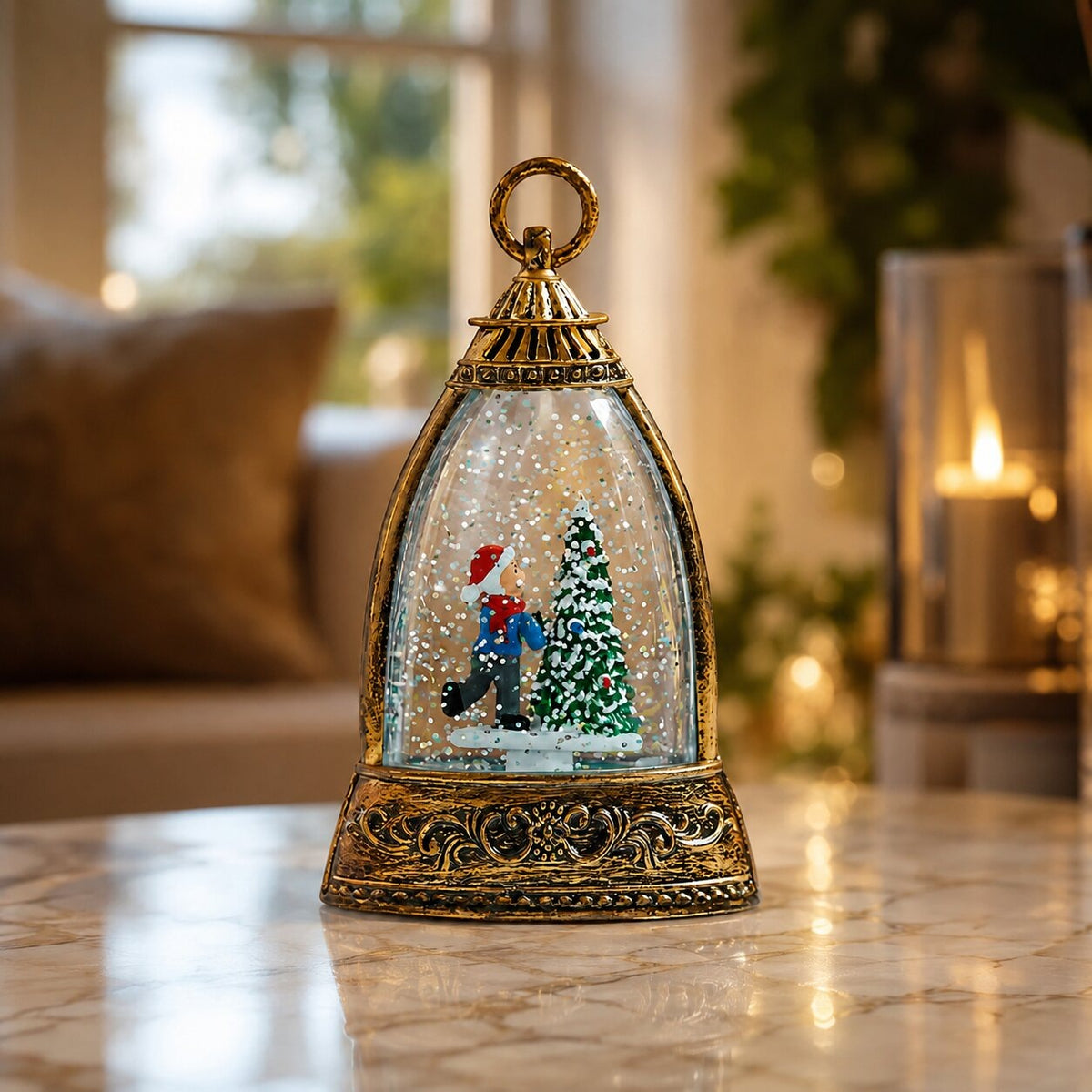 Light-up glitter lantern in a bell shape with a Christmas scene - view 4