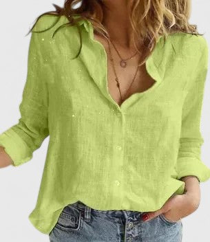 Women's Top - Linen Button Down Shirt with Lapel Collar in Yellow