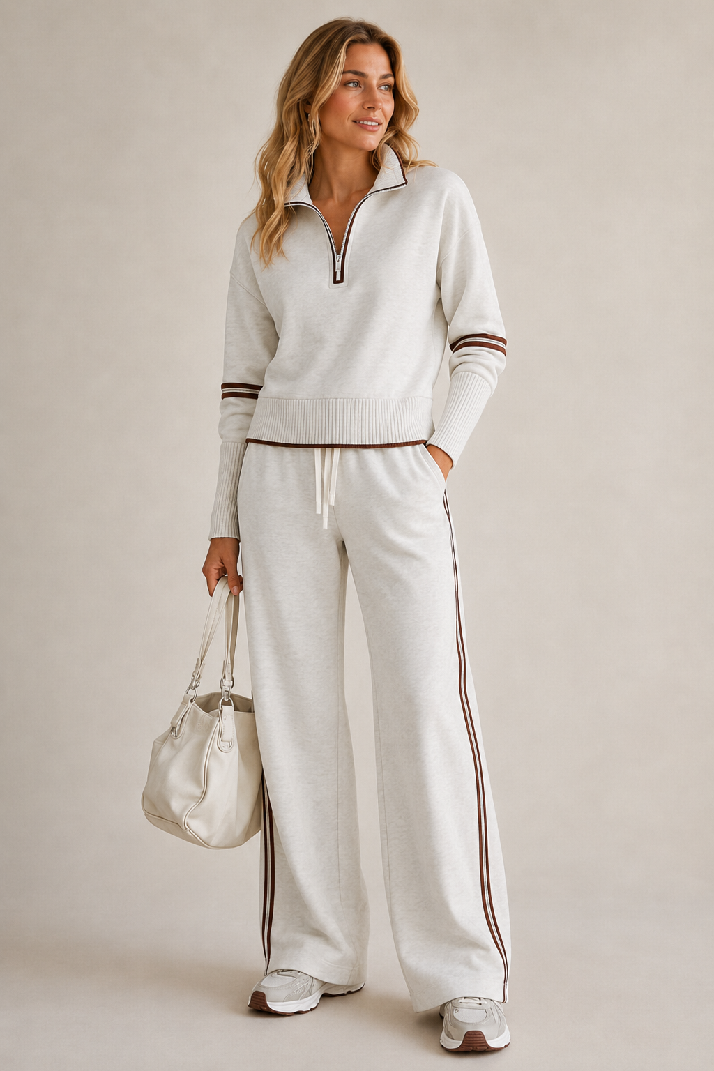 Women's two-piece set with a half-zip jumper and wide-leg trousers - light grey marl