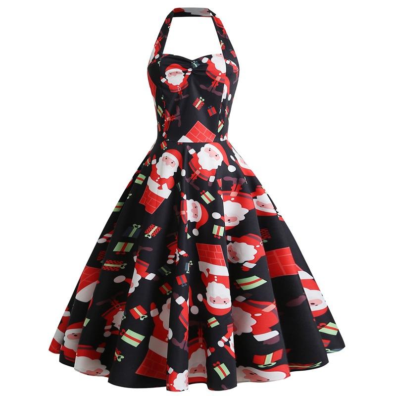 Women's halter-neck Christmas dress with sweetheart neckline and full skirt - black father christmas