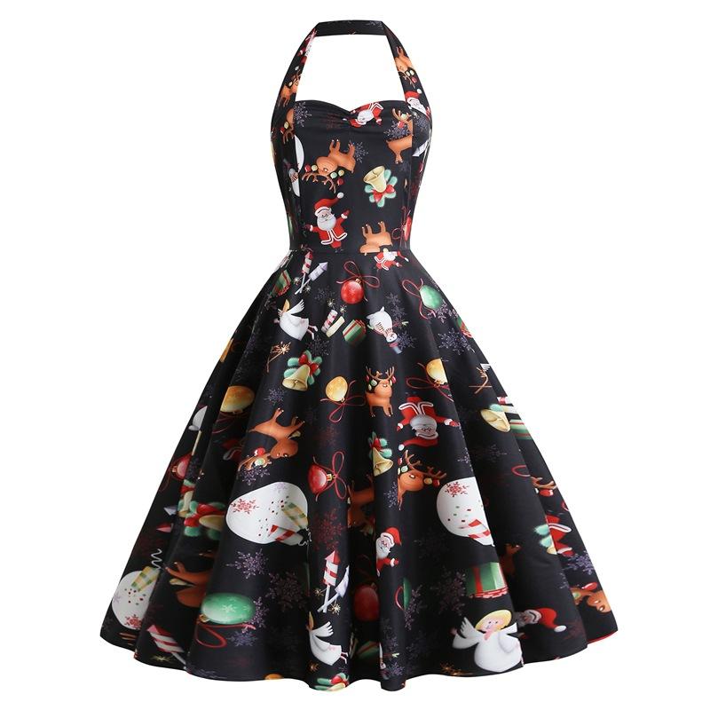 Women's halter-neck Christmas dress with sweetheart neckline and full skirt - black reindeer