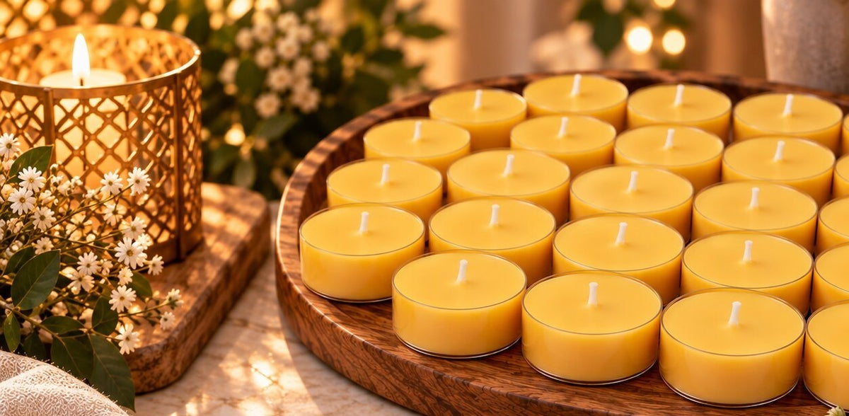 Handmade beeswax tea lights stacked together - view 3