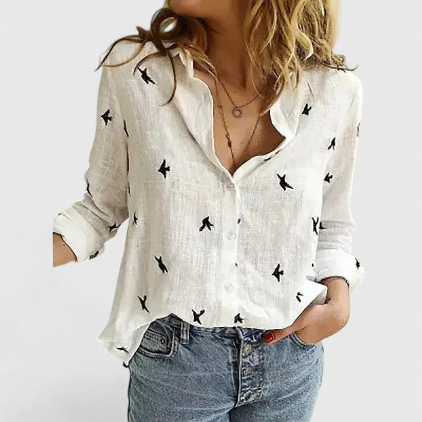 Women's Top - Linen Button Down Shirt with Lapel Collar in Gray