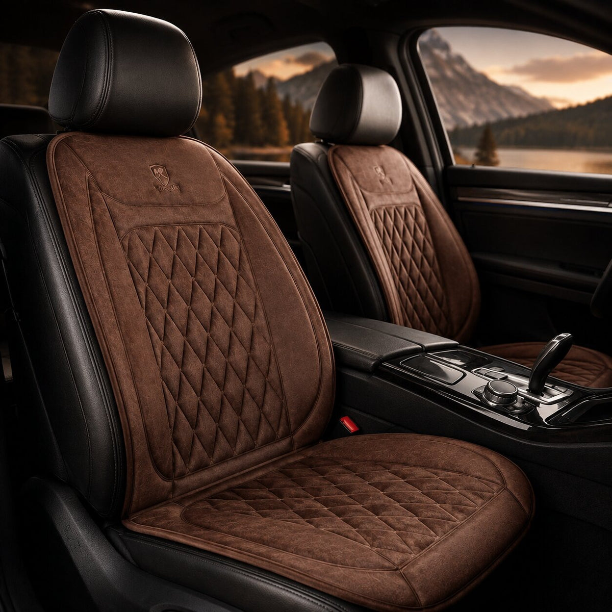 Heated car seat cover with diamond stitching - brown