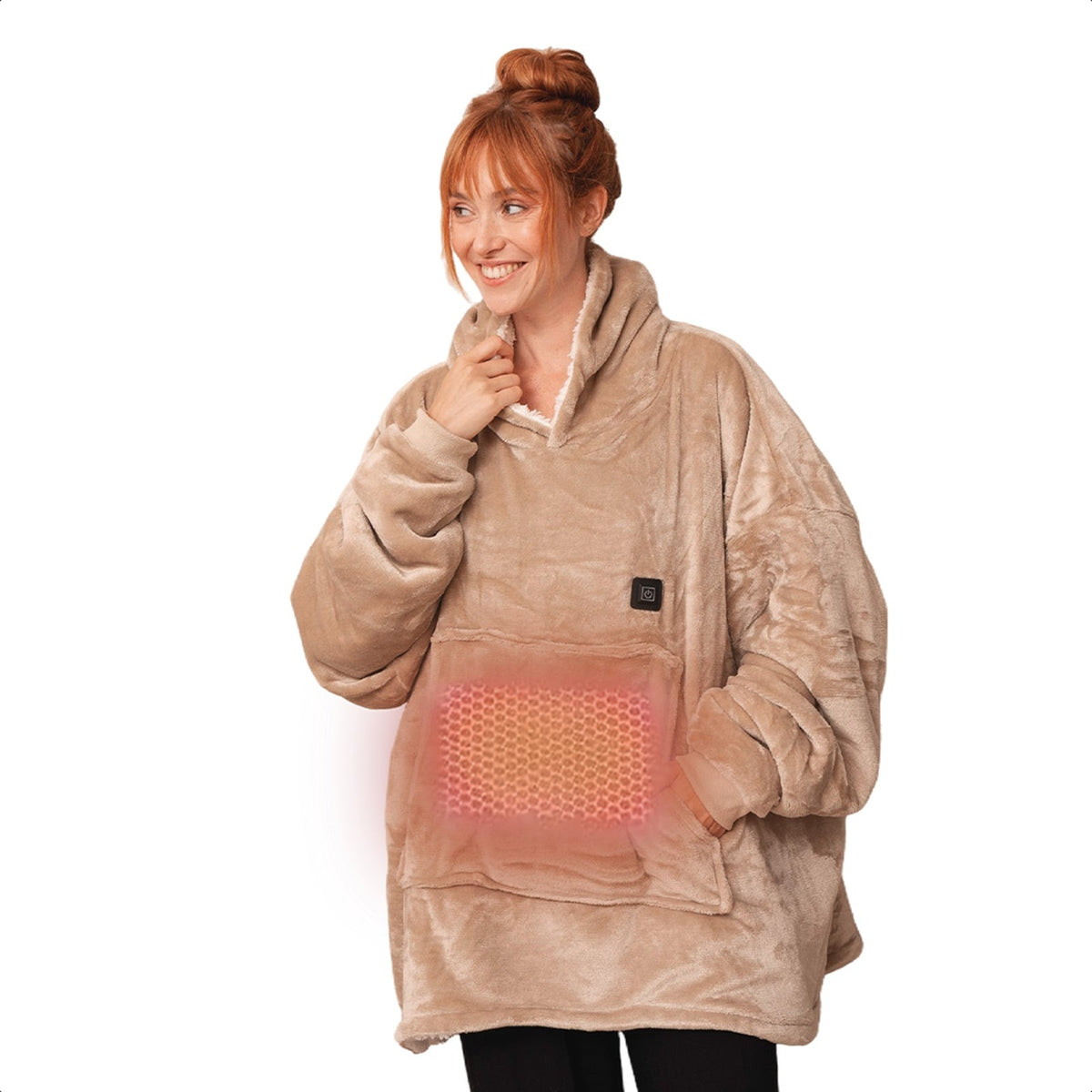 Heated oversized hoodie with a hood and a power button on the chest