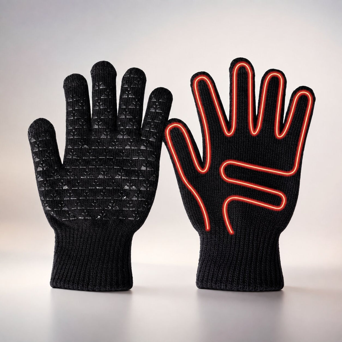 Heated knitted gloves with touchscreen fingertips and grip - black