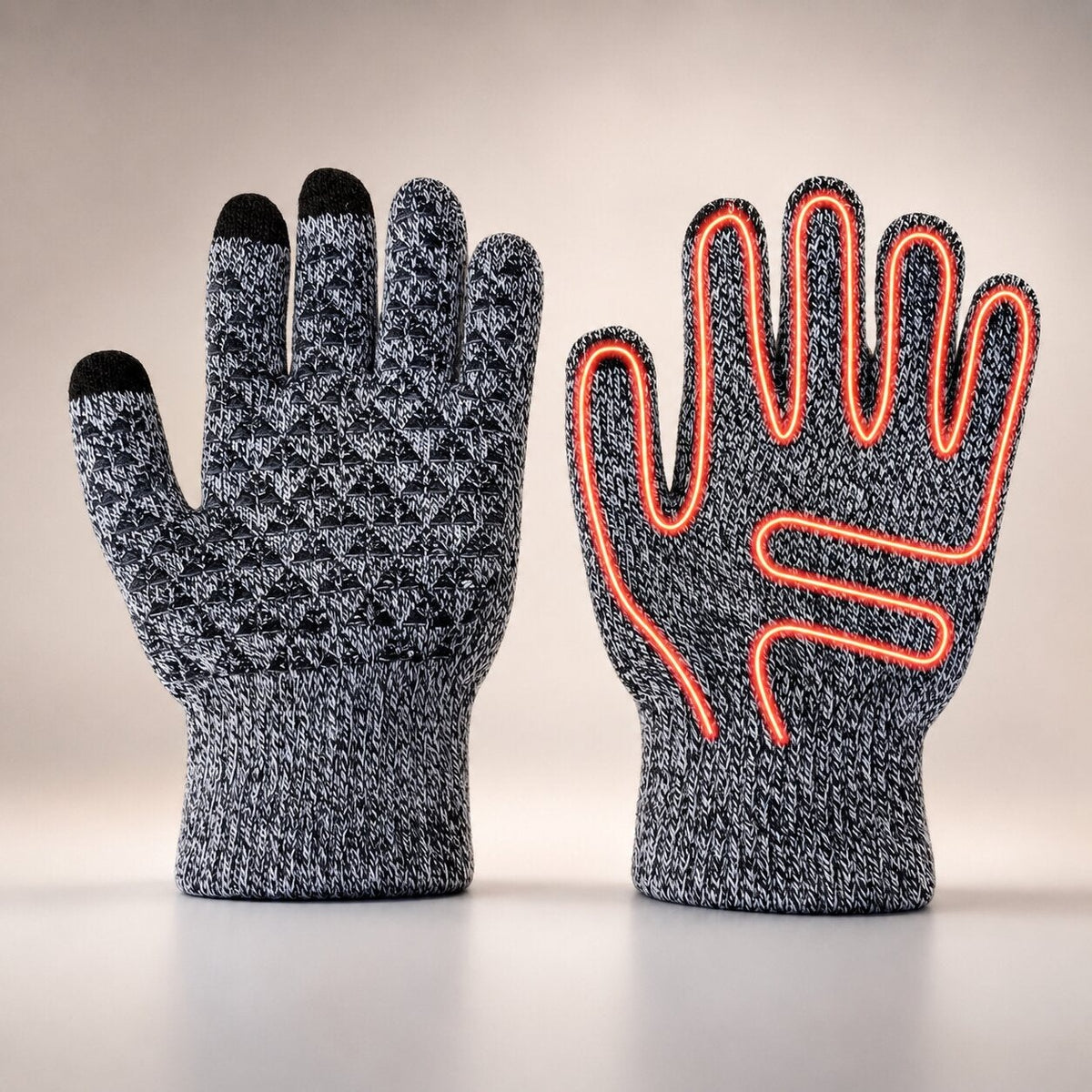 Heated knitted gloves with touchscreen fingertips and grip - grey marl