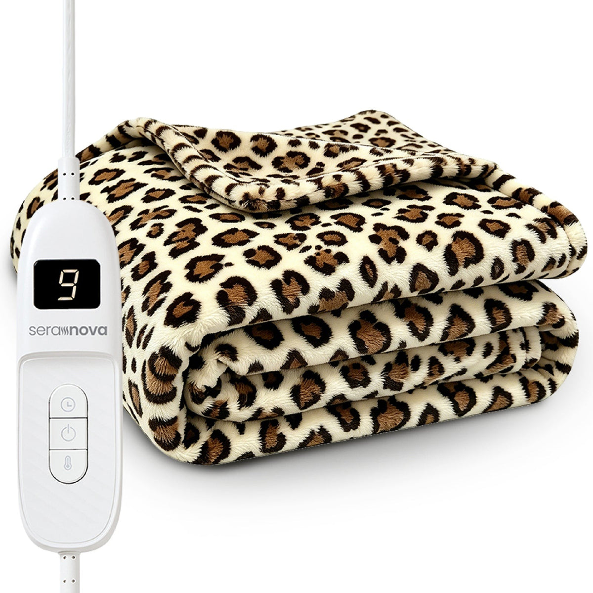 Electric heated throw 180 x 160 cm with 9 heat settings and a display controller - leopard print