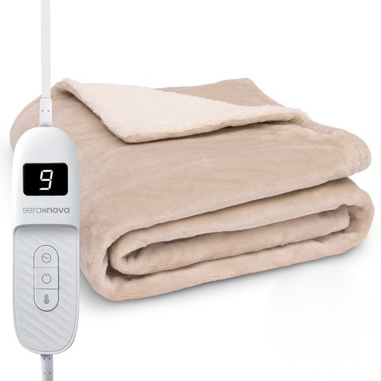 Electric heated throw 180 x 160 cm with 9 heat settings and a display controller - sand beige