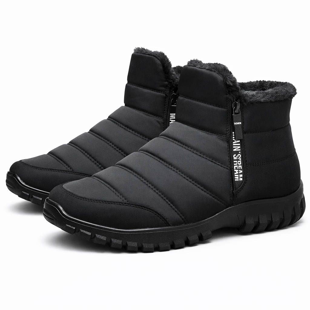 Padded slip-on winter boots with a side zip and a chunky tread sole in black