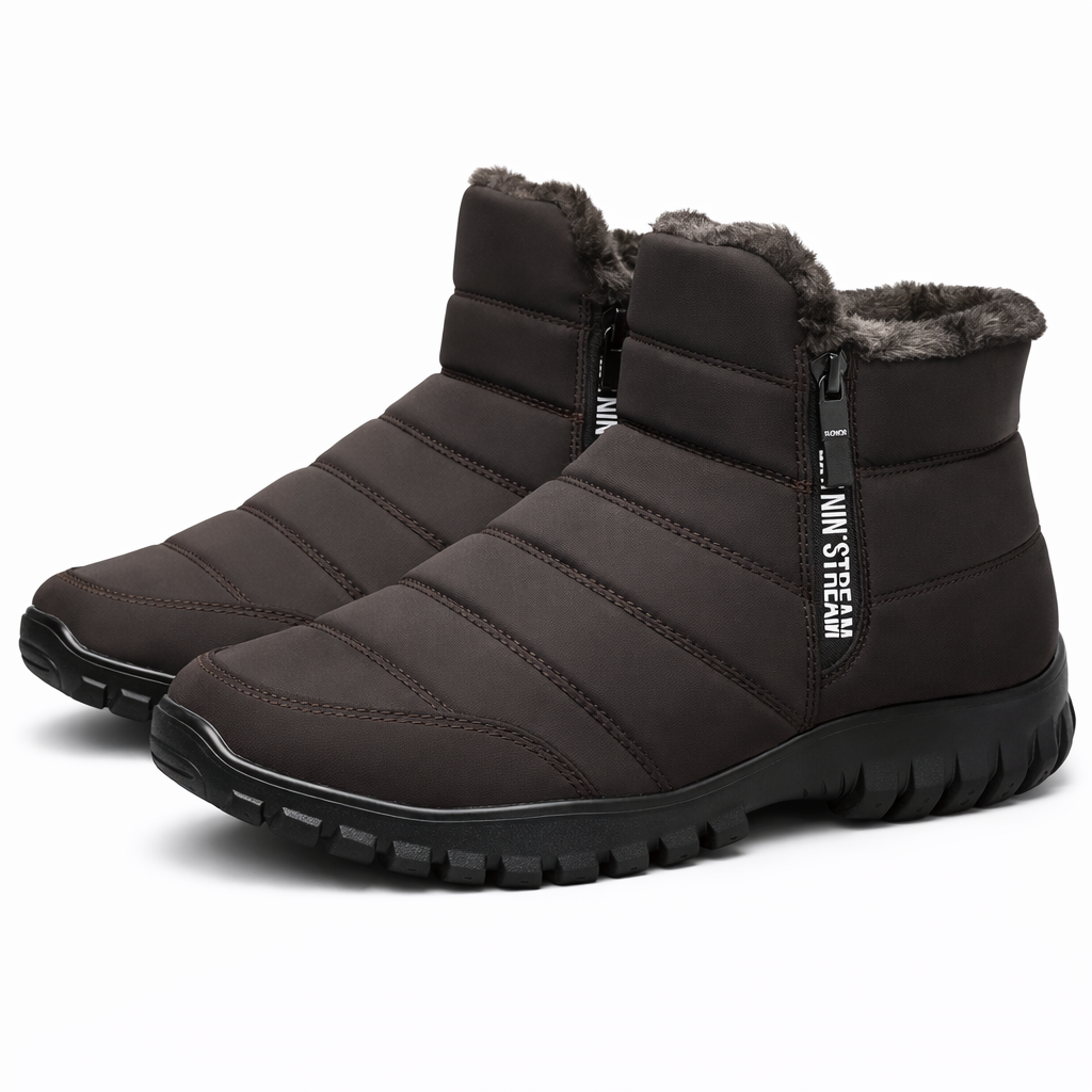 Padded slip-on winter boots with a side zip and a chunky tread sole in brown