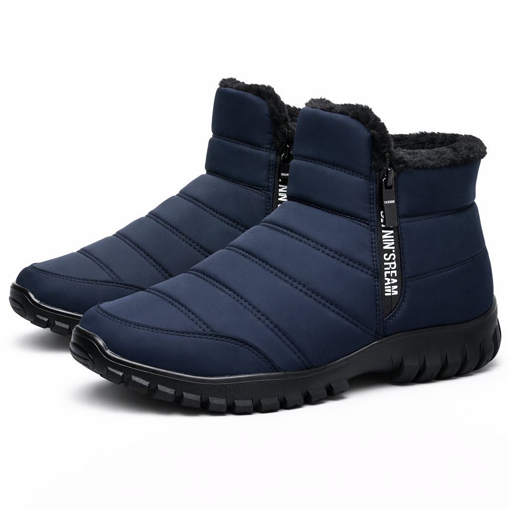 Padded slip-on winter boots with a side zip and a chunky tread sole in blue