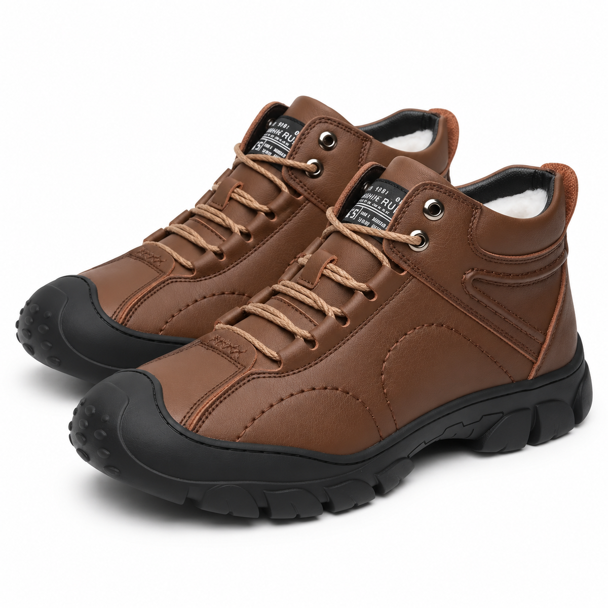 Lace-up winter boots with a rubber toe bumper and a plush lining in brown