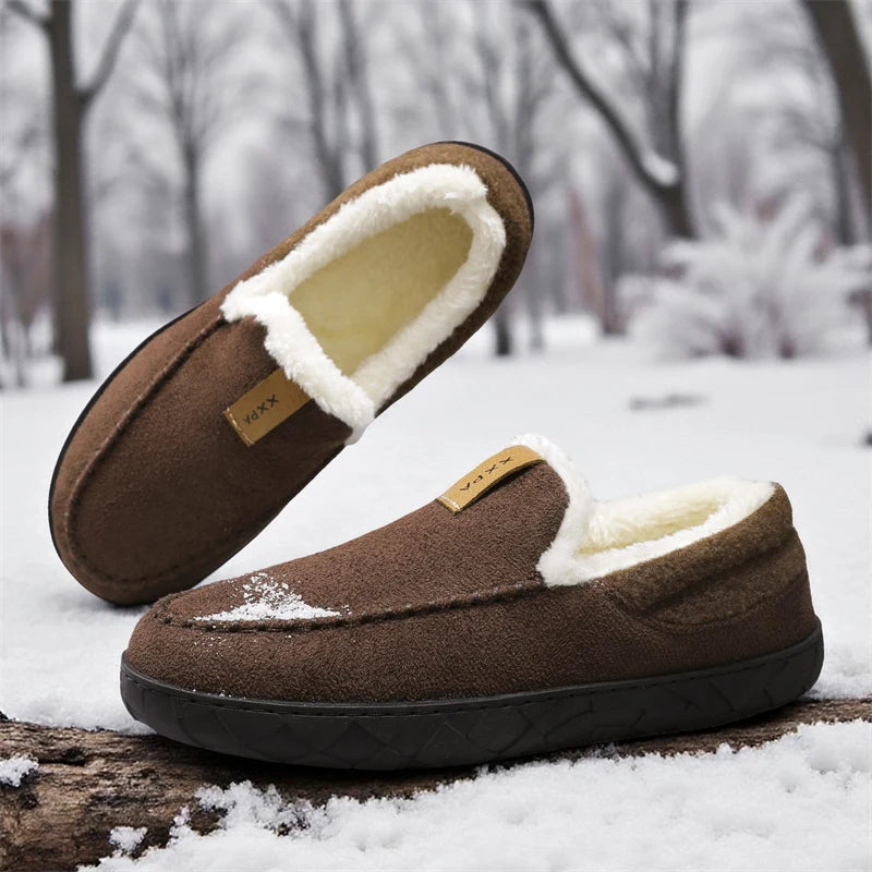 Men's suede-look moccasin slippers with a sherpa collar and a rubber sole