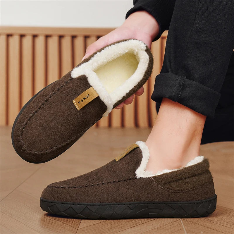 Men's suede-look moccasin slippers with a sherpa collar and a rubber sole