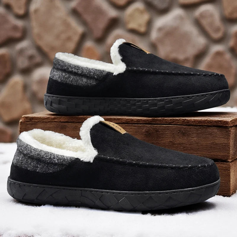 Men's suede-look moccasin slippers with a sherpa collar and a rubber sole
