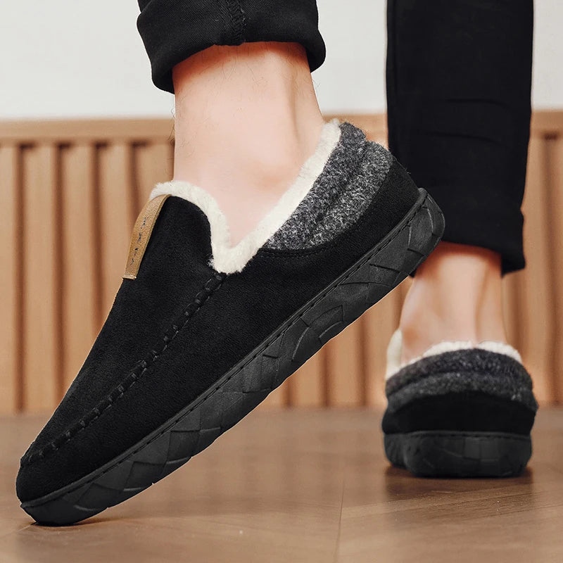 Men's suede-look moccasin slippers with a sherpa collar and a rubber sole