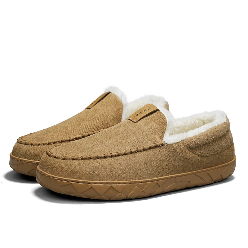 Men's suede-look moccasin slippers with a sherpa collar and a rubber sole in camel