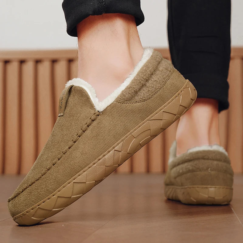 Men's suede-look moccasin slippers with a sherpa collar and a rubber sole