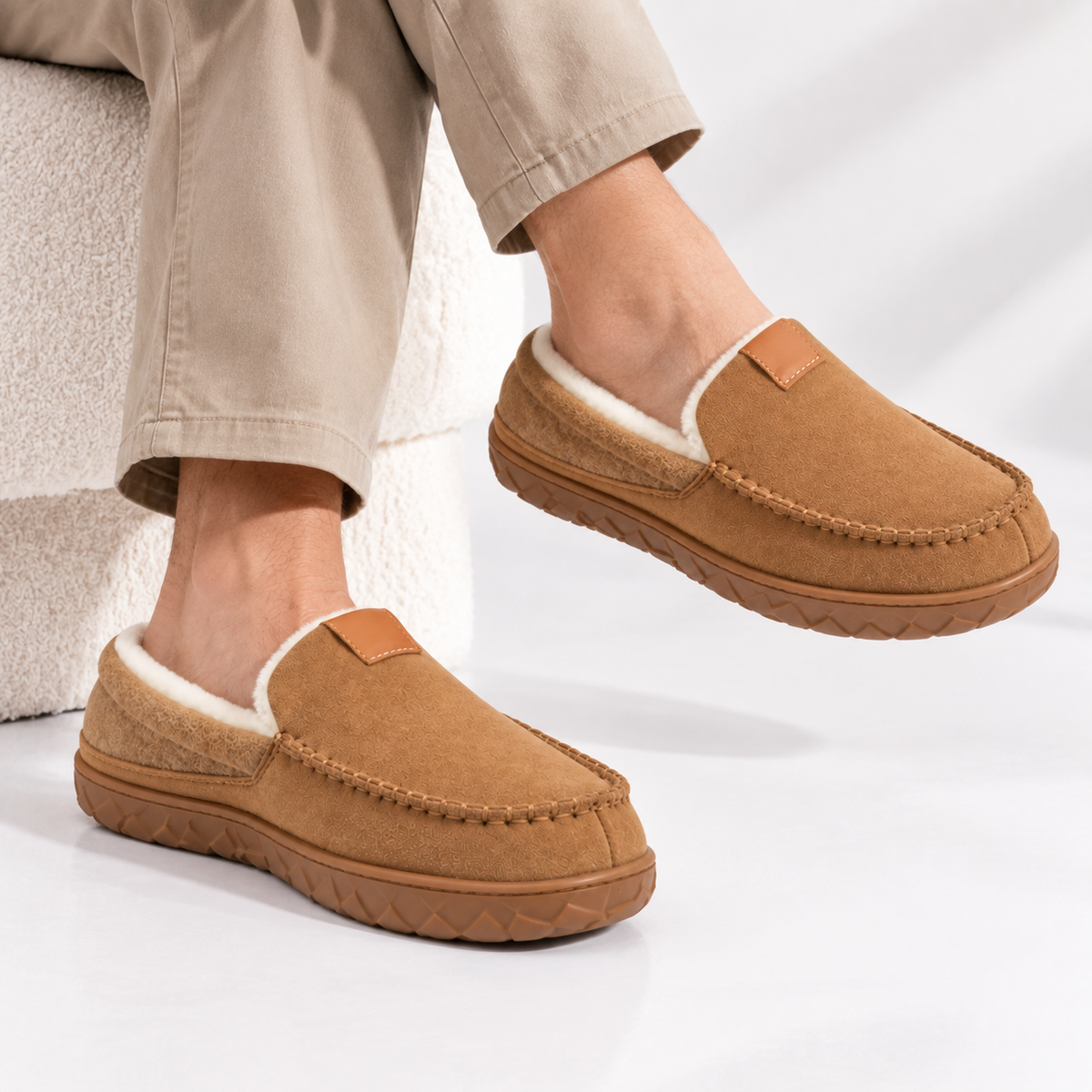 Men's moccasin slippers with a fleece lining, a knitted heel panel and a rubber sole
