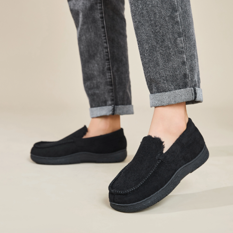 Men's wide-fit moccasin slippers in a suede look with a fleece lining