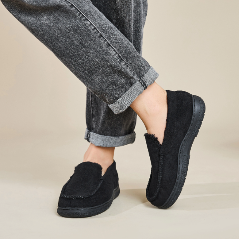 Men's wide-fit moccasin slippers in a suede look with a fleece lining