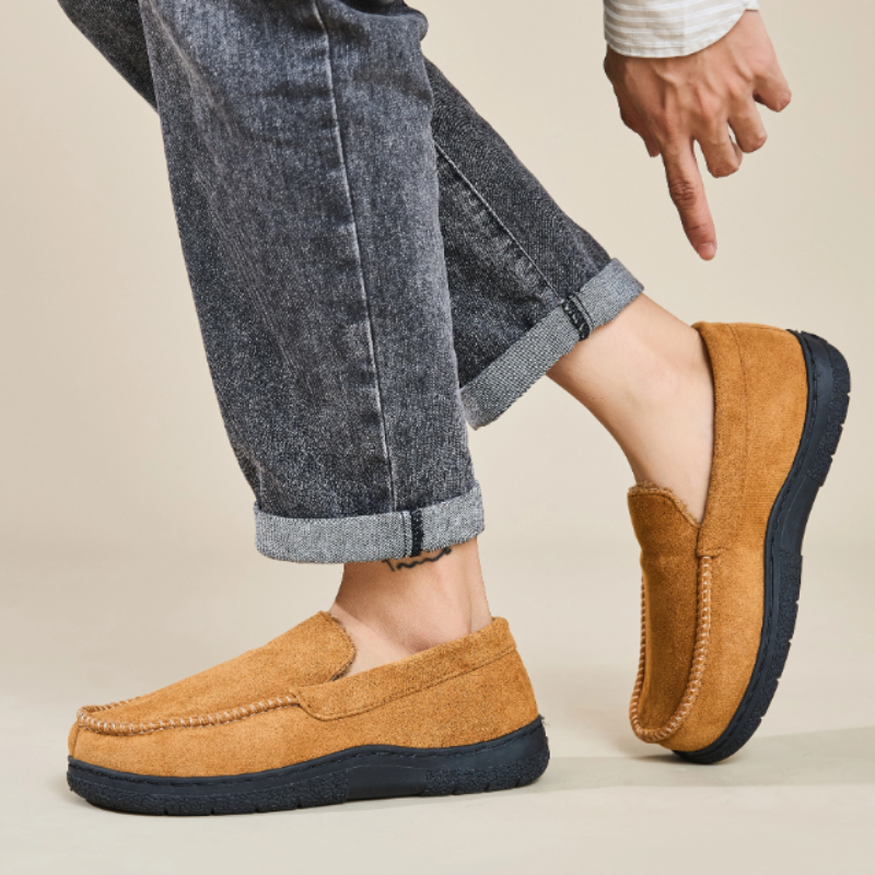 Men's wide-fit moccasin slippers in a suede look with a fleece lining