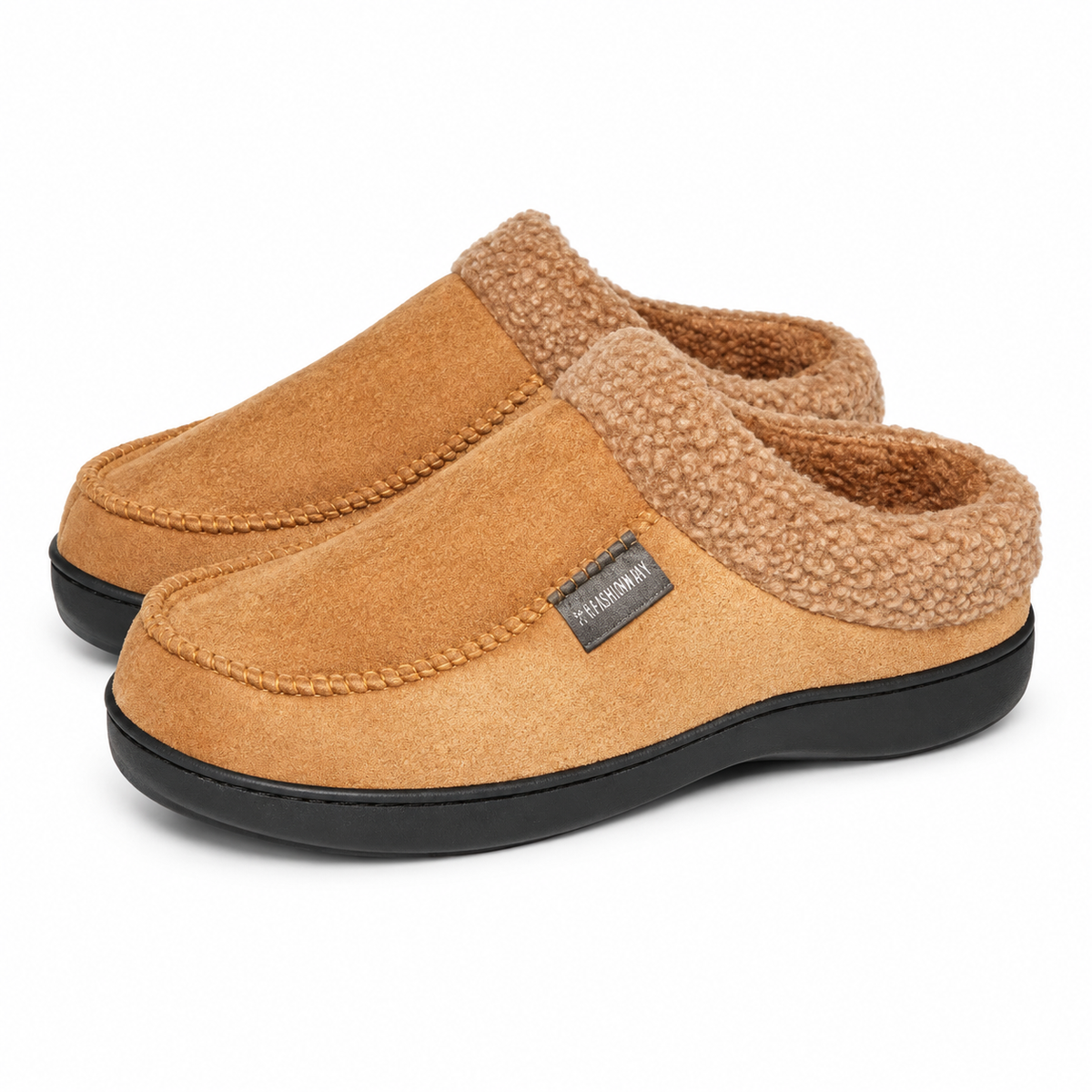 Men's mule slippers with a curly fleece collar and a thick cushioned sole in coffee