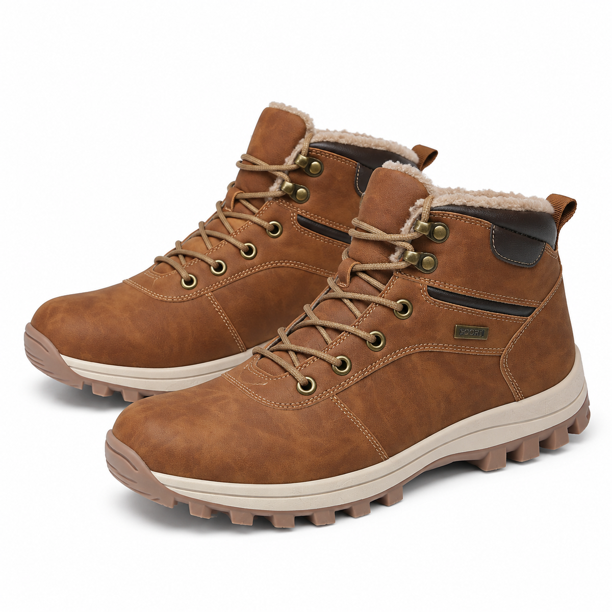 Suede-look winter boots with a padded collar and a gum lug sole in brown