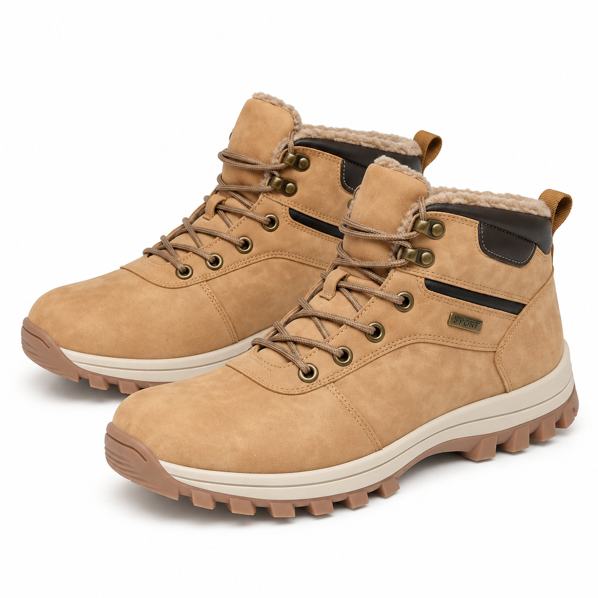 Suede-look winter boots with a padded collar and a gum lug sole in sand