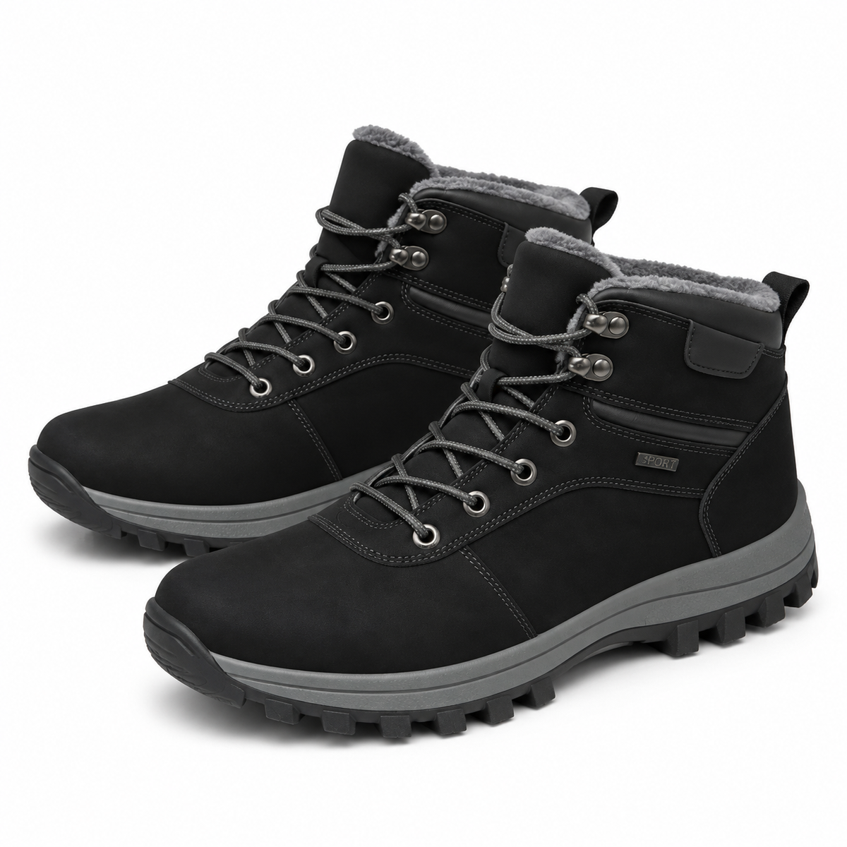 Suede-look winter boots with a padded collar and a gum lug sole in black