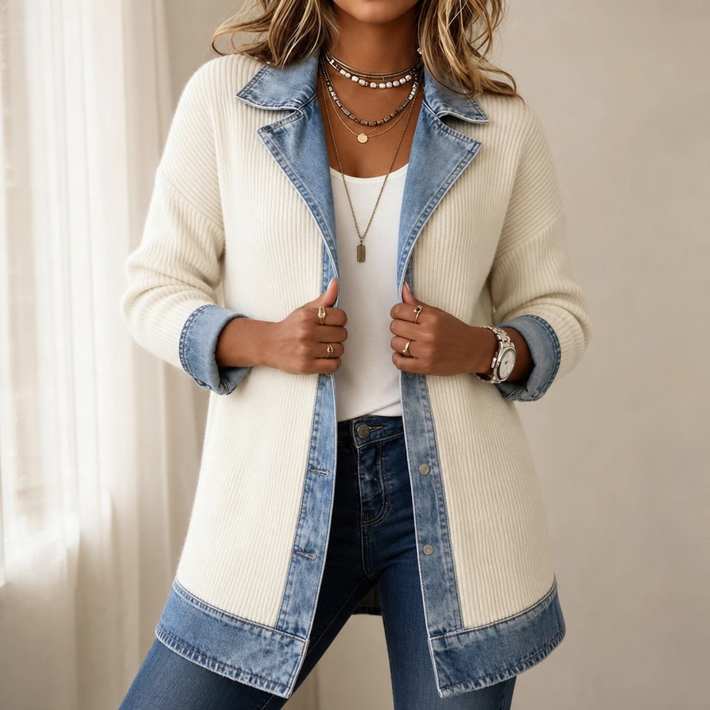 Women's ribbed knit jacket with denim collar