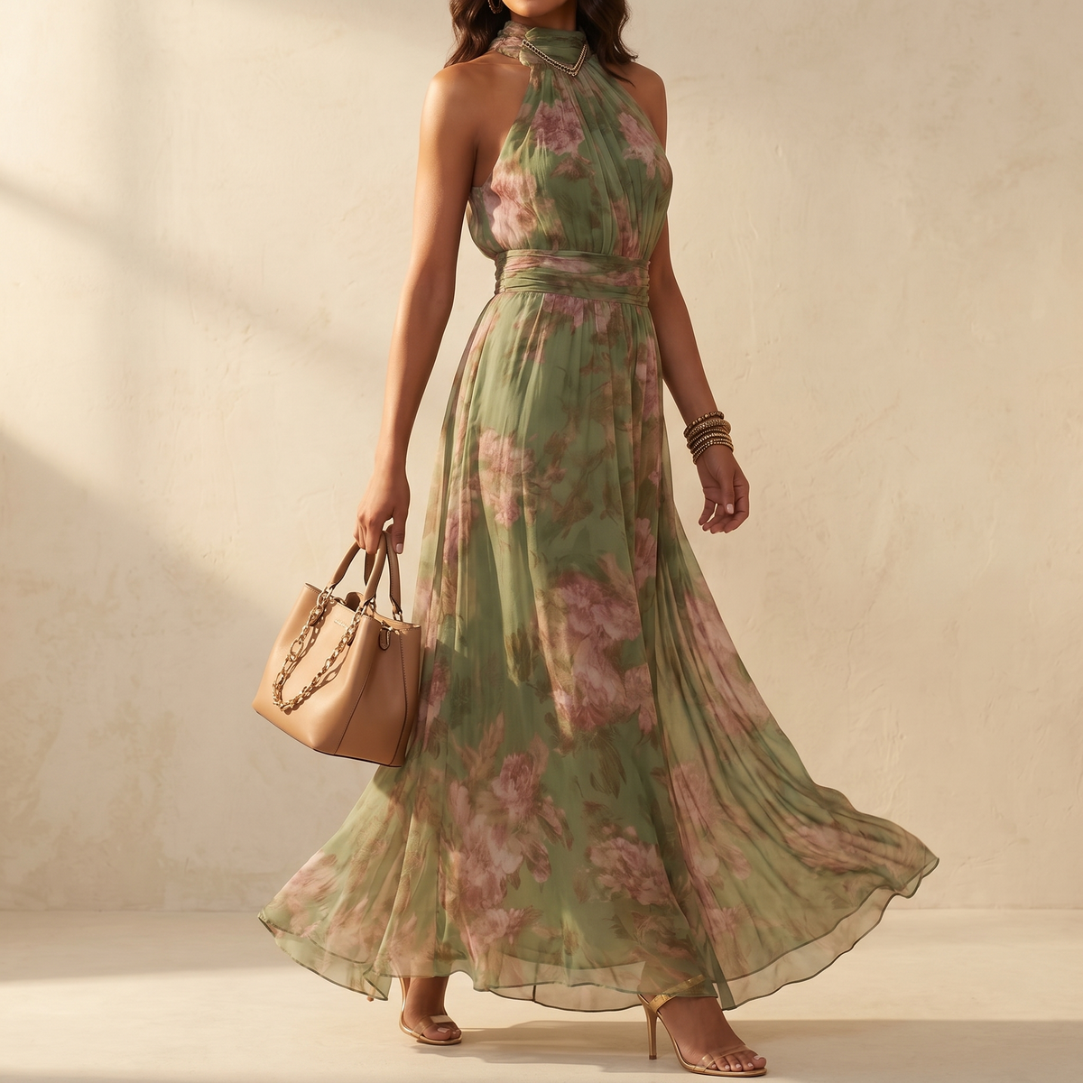 Women's sage floral halter maxi dress - detail