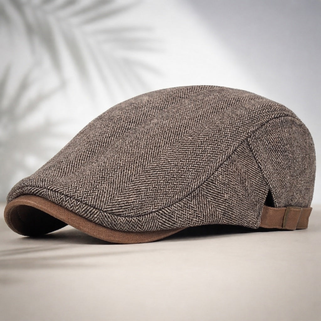Herringbone flat cap with an adjustable back strap - brown