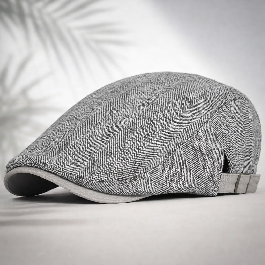 Herringbone flat cap with an adjustable back strap - light grey