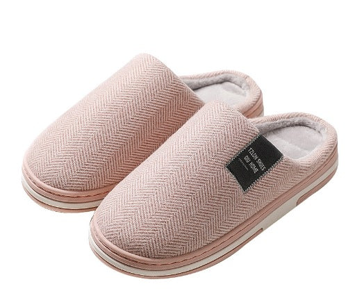 Slippers with a herringbone upper, open heel, plush lining and a white-striped sole - light pink
