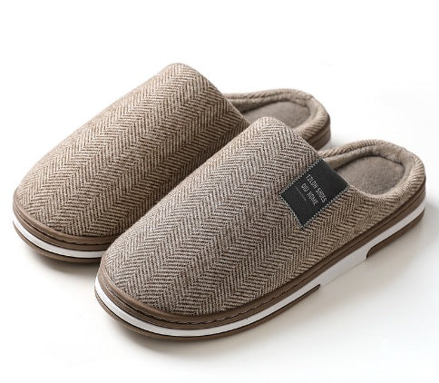 Slippers with a herringbone upper, open heel, plush lining and a white-striped sole - taupe