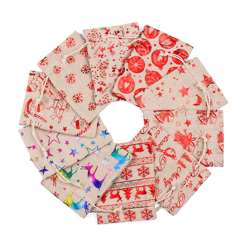 Hessian-look Christmas gift bags with drawstring and red reindeer and snowflake print