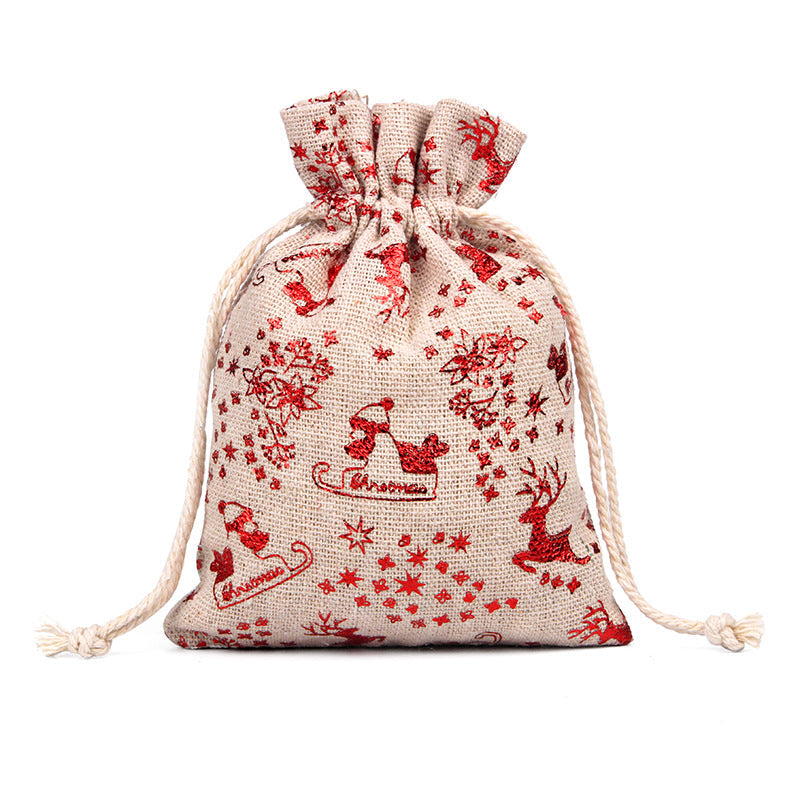 Hessian-look Christmas gift bags with drawstring and red reindeer and snowflake print